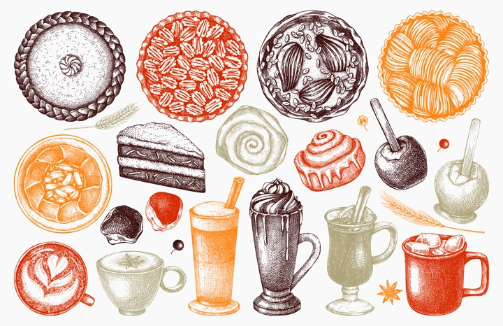 Autumn dessert collection. Thanksgiving dinner illustrations. Fall festival food  and drinks sketches. Sketched fall food drawings. Thanksgiving table hand drawn icons in color